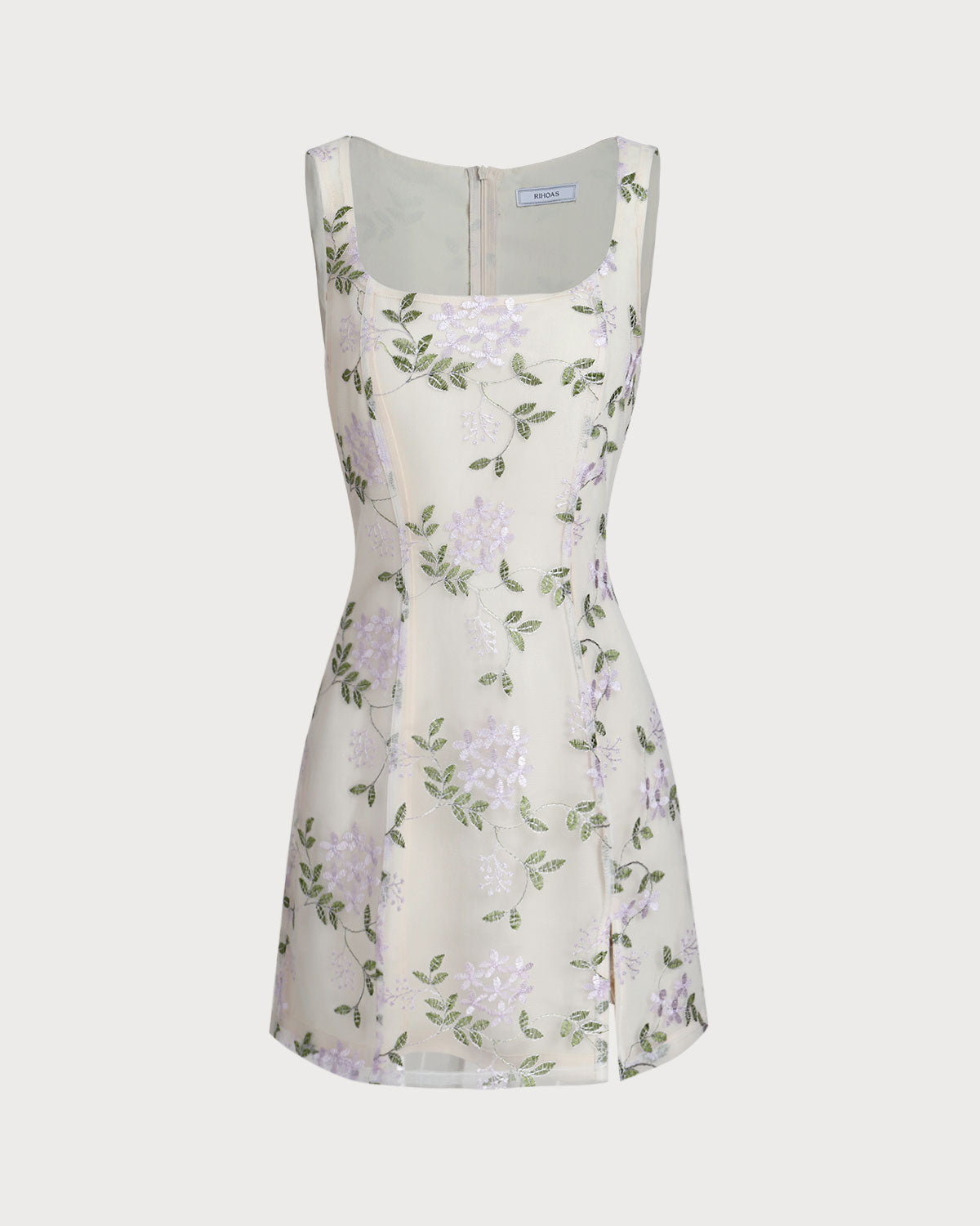Beige Square Neck Embroidery Slit Slip Mini Dress | Rihoas