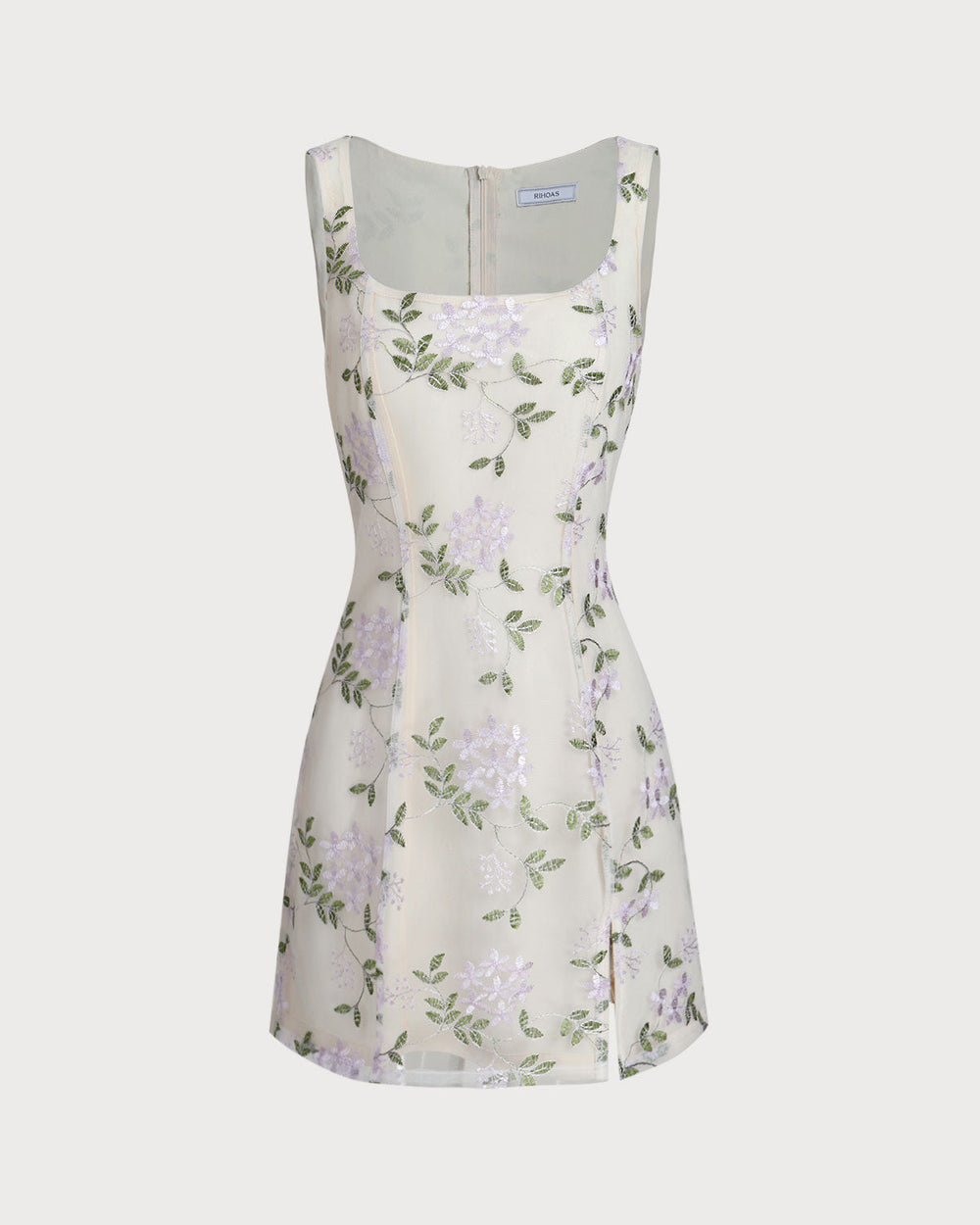 Beige Square Neck Embroidery Slit Slip Mini Dress | Rihoas