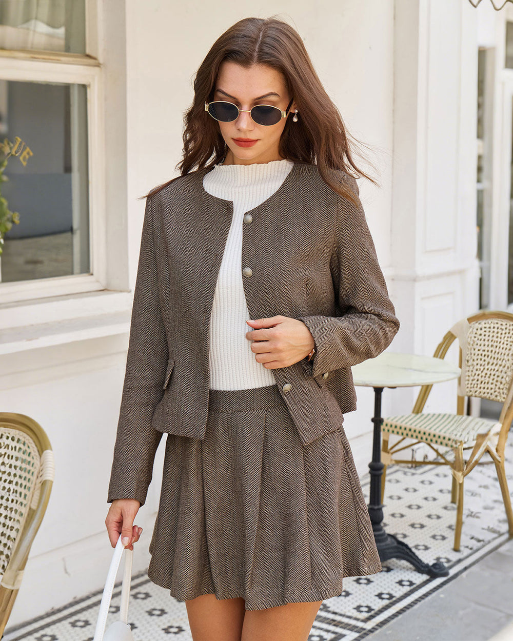 Brown A-Line Pockets Pleated Mini Skirt | Rihoas