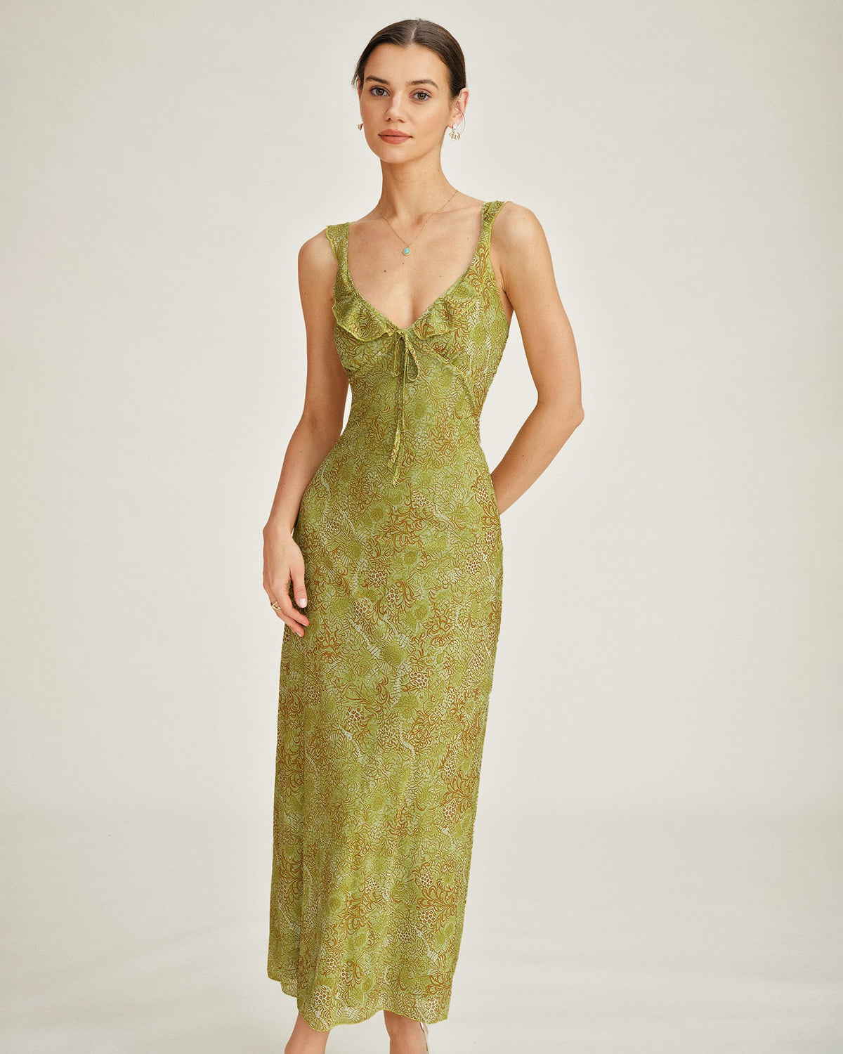 Green Sleeveless Floral Slip Maxi Dress | Rihoas