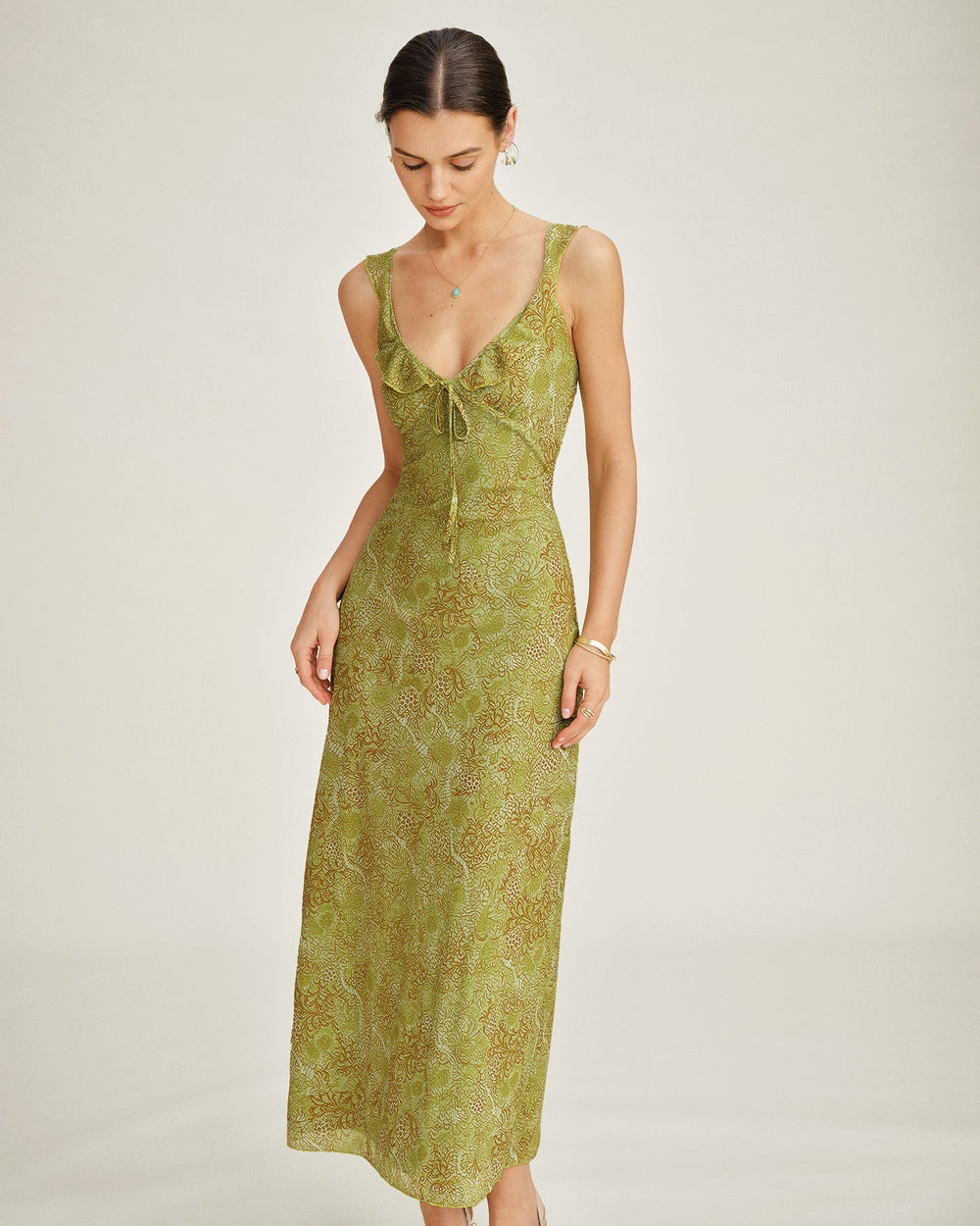 Green Sleeveless Floral Slip Maxi Dress | Rihoas