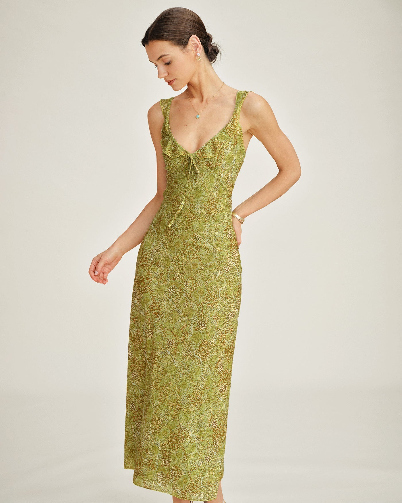 Green Sleeveless Floral Slip Maxi Dress | Rihoas