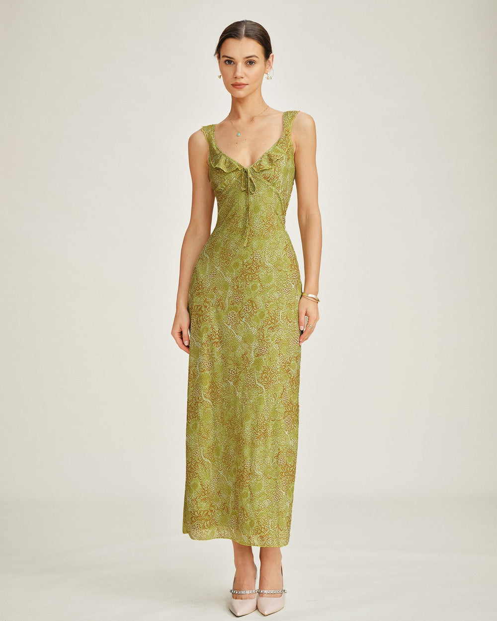 Green Sleeveless Floral Slip Maxi Dress | Rihoas