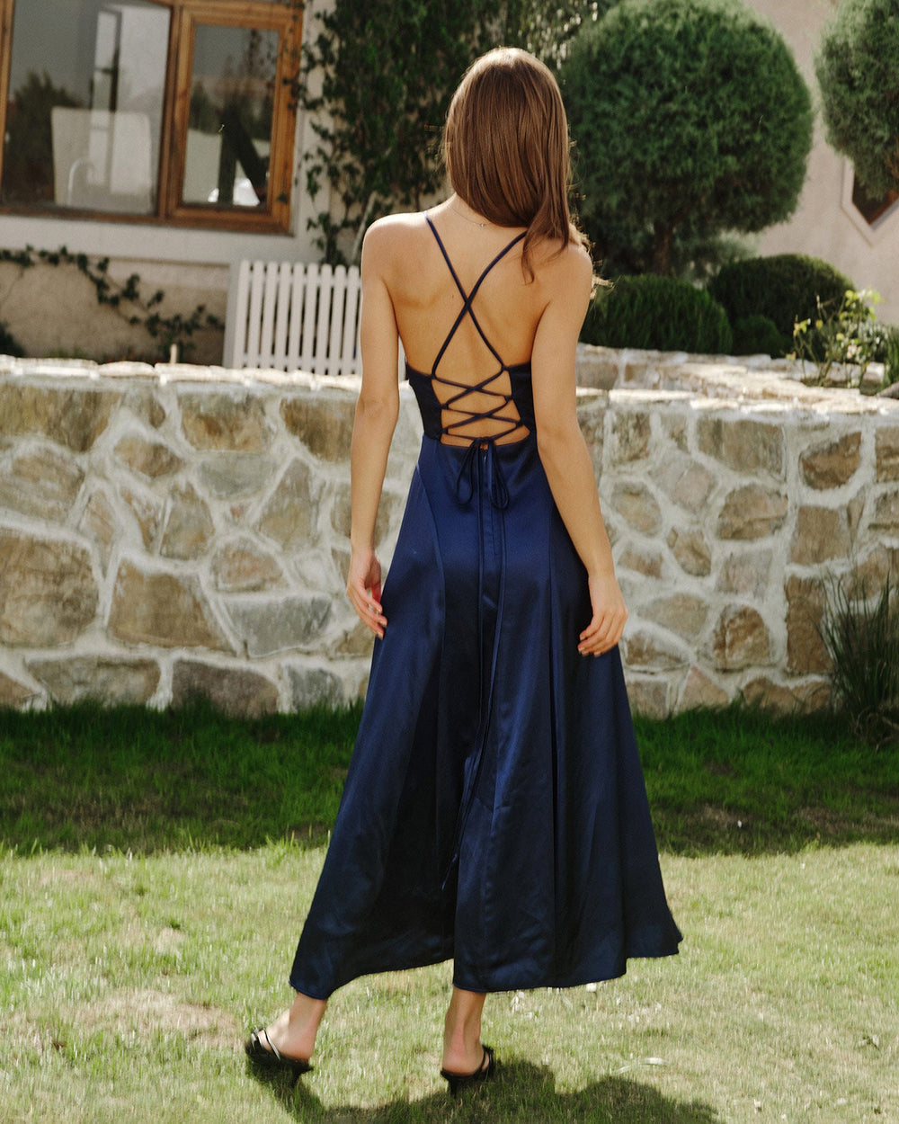Navy Satin Slip Maxi Dress | Rihoas