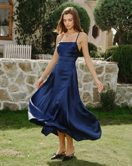 Navy Satin Slip Maxi Dress | Rihoas