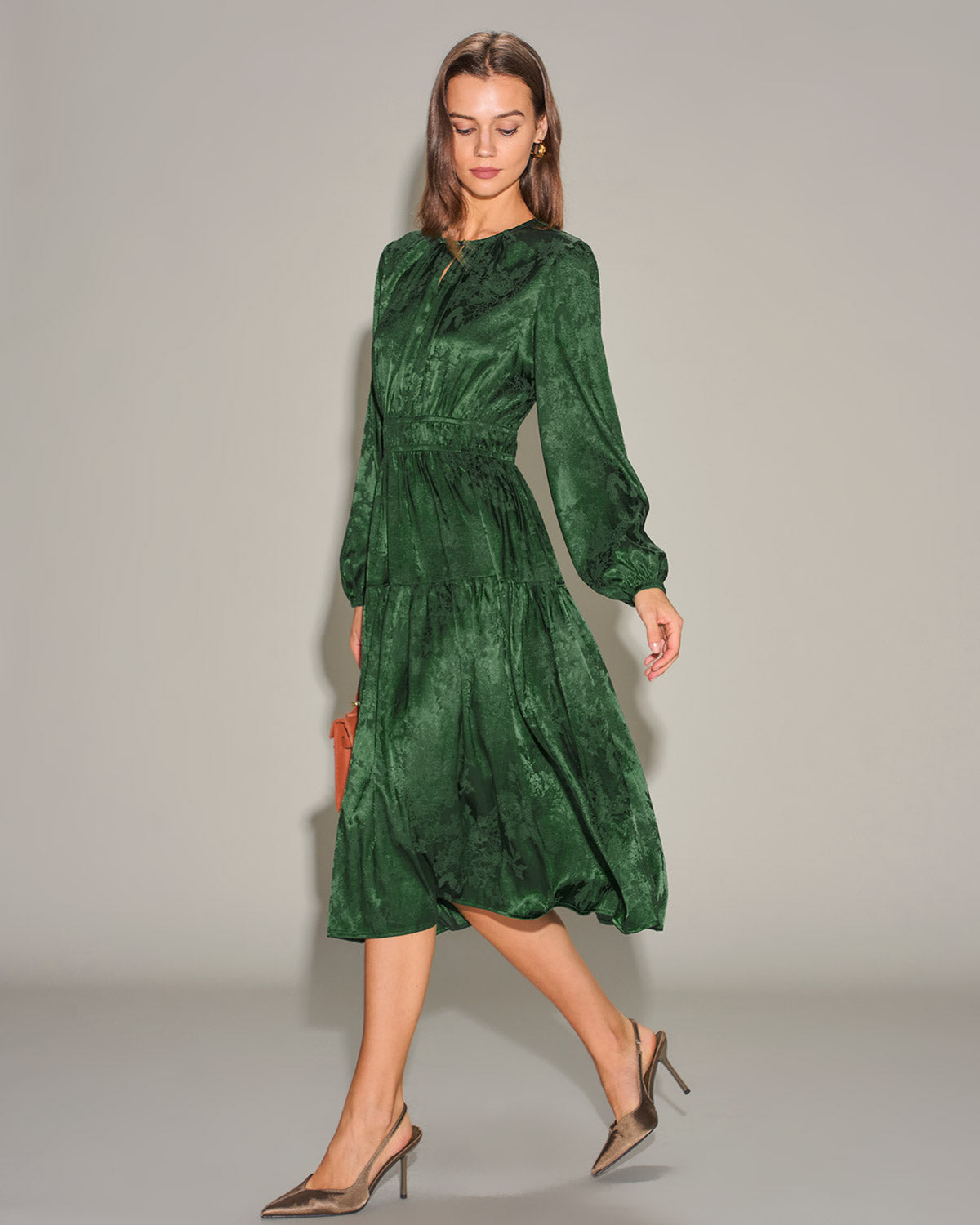 Green Jacquard Lantern Sleeve Midi Dress | Rihoas