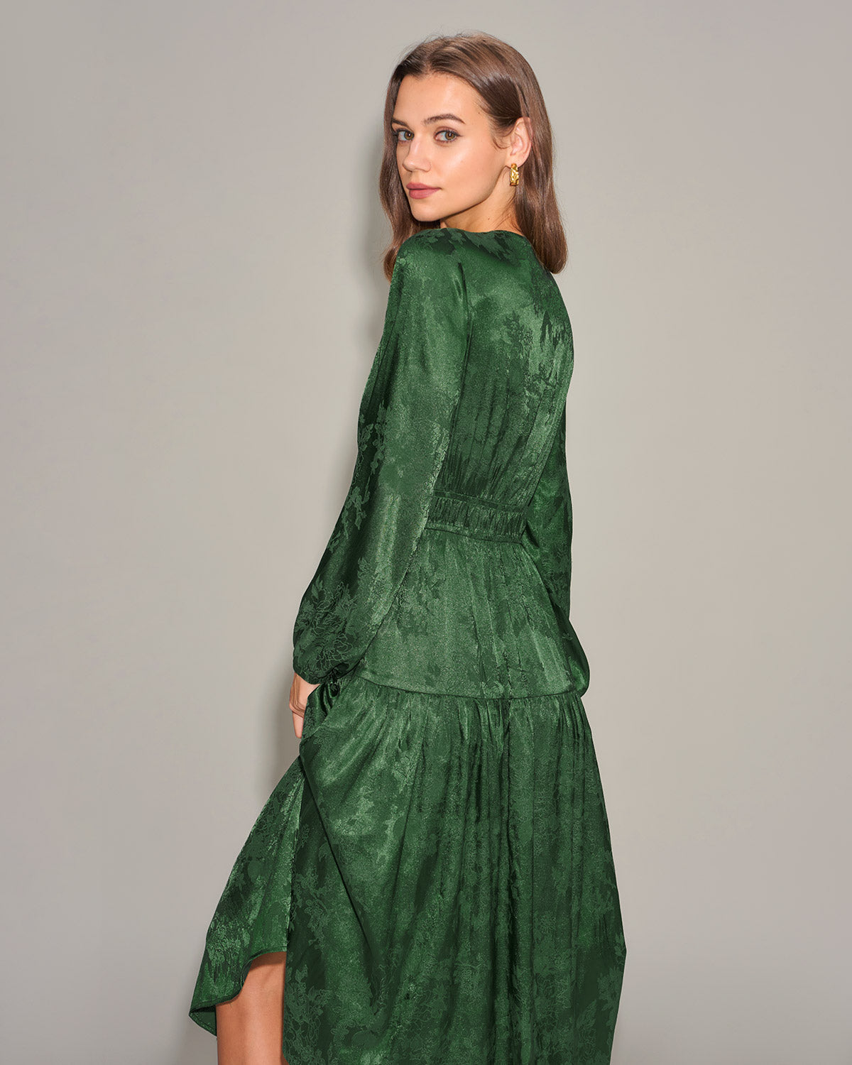 Green Jacquard Lantern Sleeve Midi Dress | Rihoas