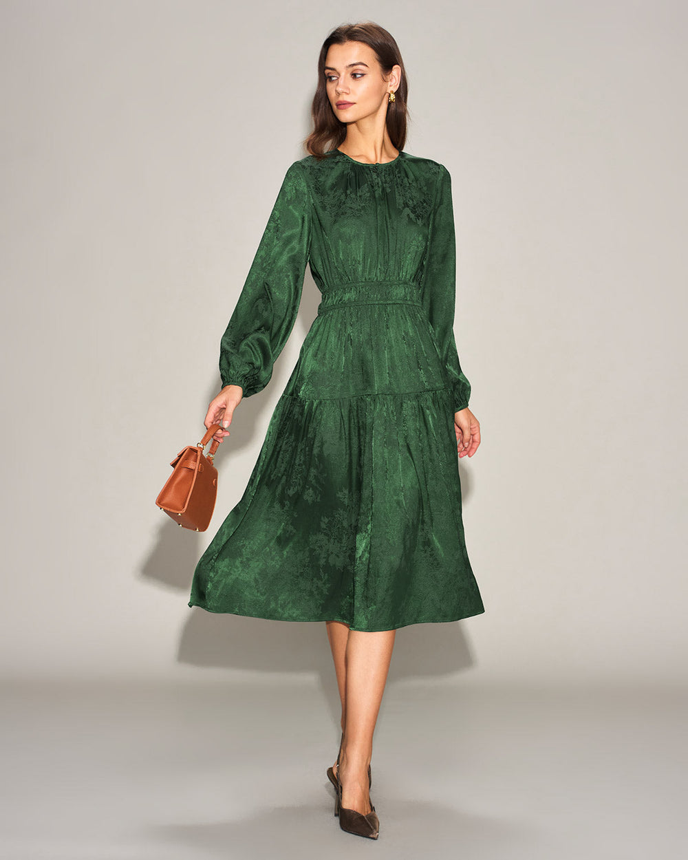 Green Jacquard Lantern Sleeve Midi Dress | Rihoas