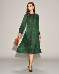 Green Jacquard Lantern Sleeve Midi Dress | Rihoas