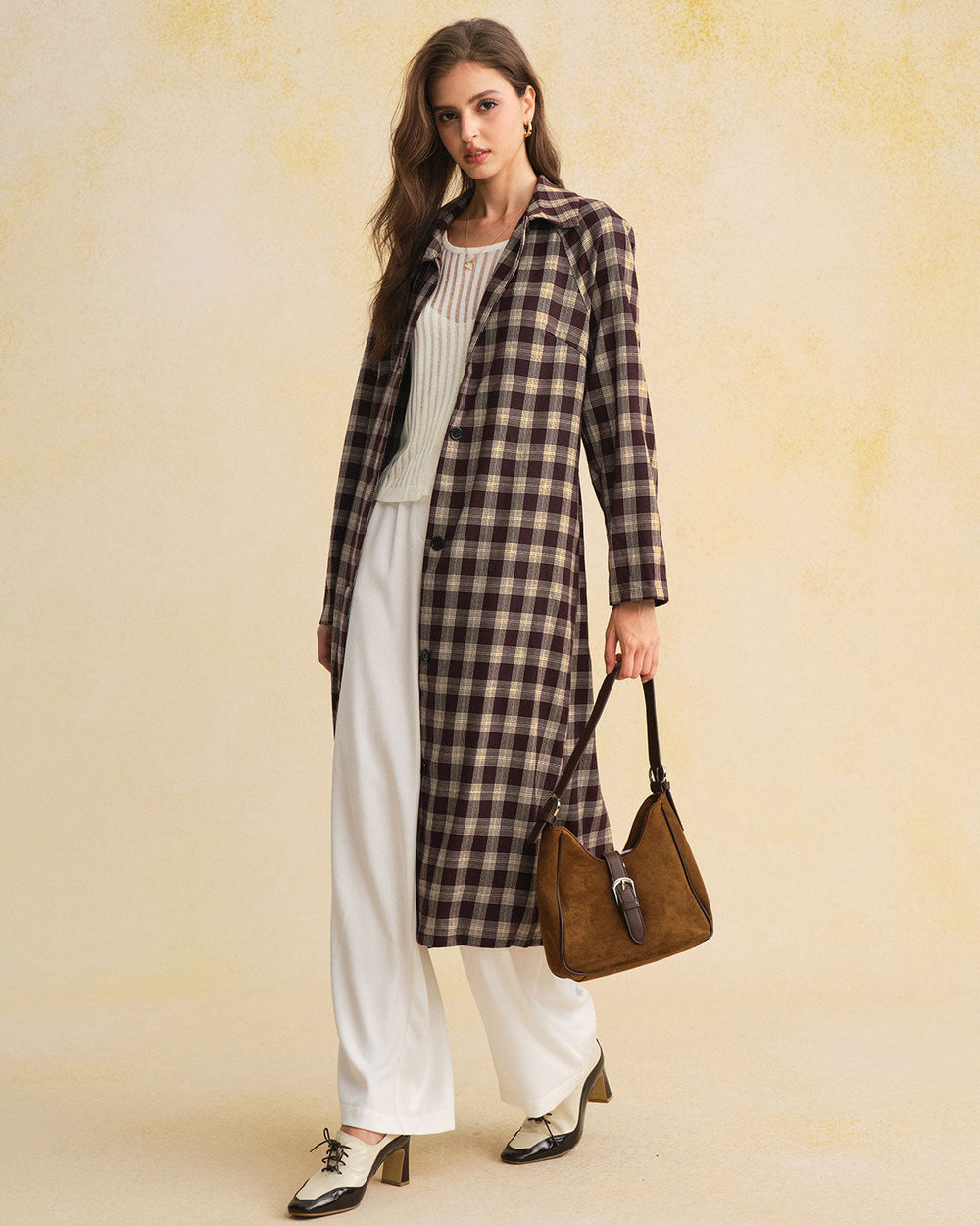 Brown Plaid Pocket Long Coat | Rihoas