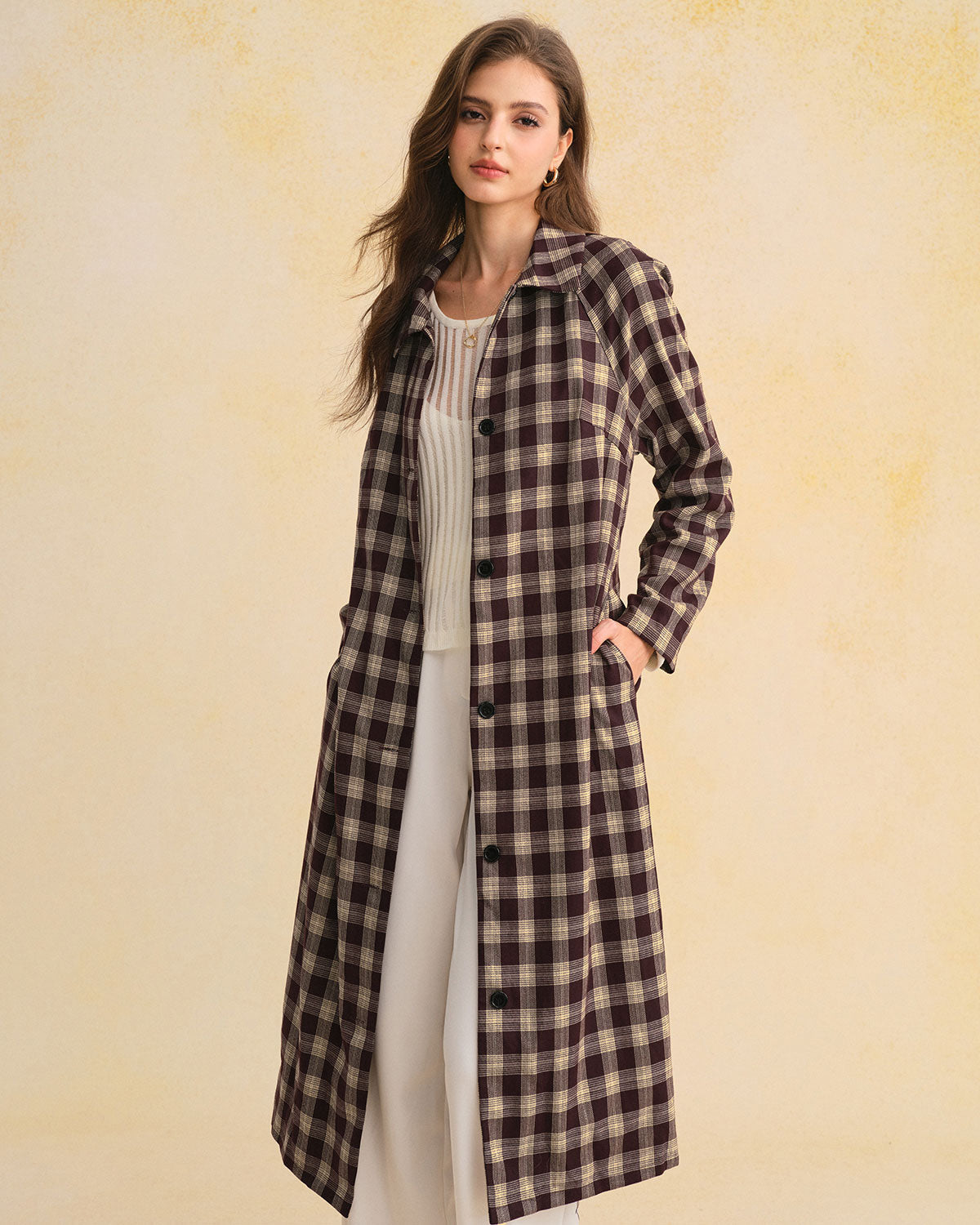 Brown Plaid Pocket Long Coat | Rihoas