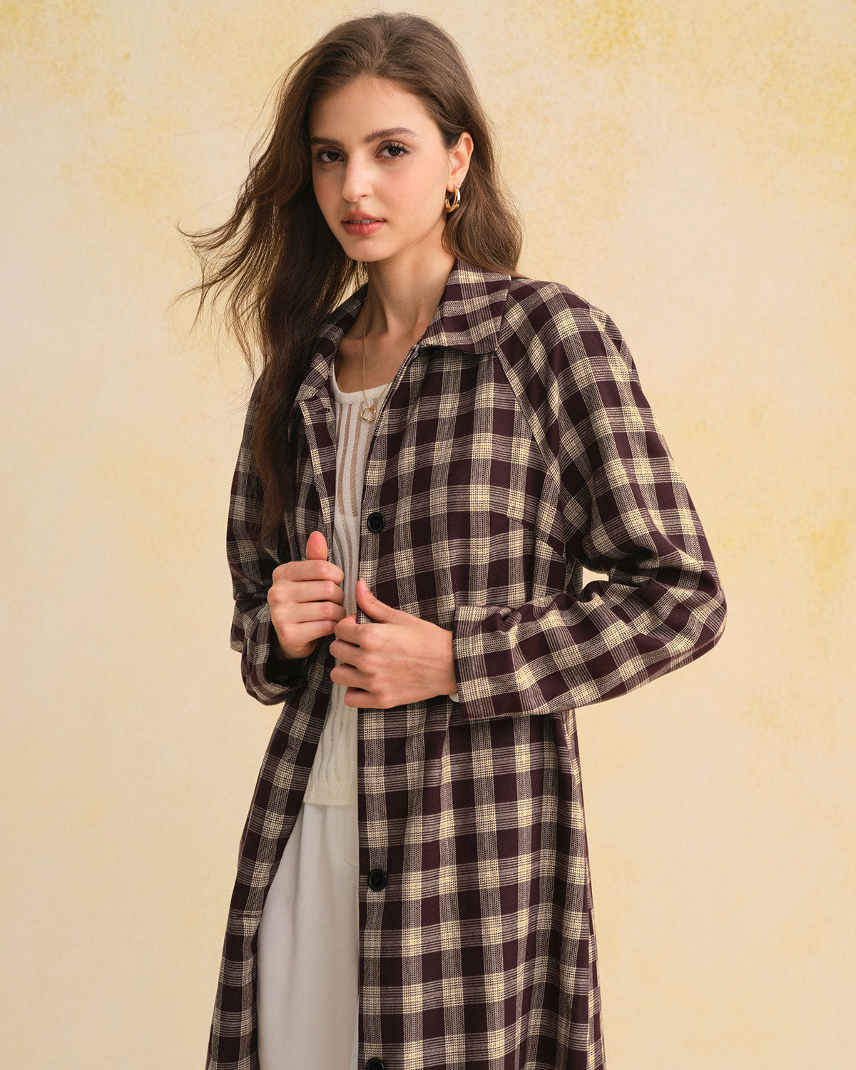 Brown Plaid Pocket Long Coat | Rihoas