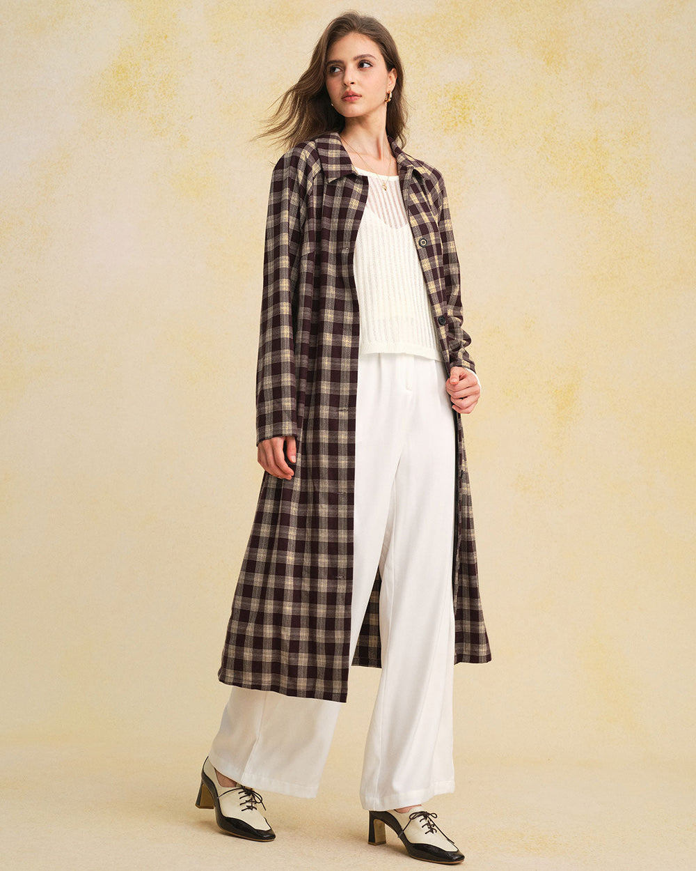 Brown Plaid Pocket Long Coat | Rihoas