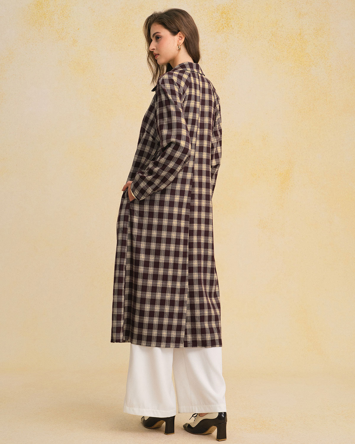 Brown Plaid Pocket Long Coat | Rihoas