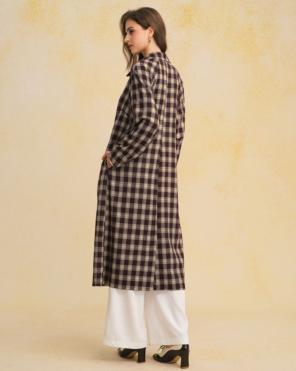 Brown Plaid Pocket Long Coat | Rihoas