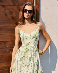 Apricot Floral Tie Strap Midi Dress | Rihoas