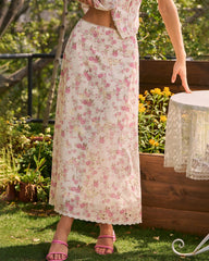 Pink Floral Embroidery Midi Skirt | Rihoas