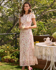 Pink Floral Embroidery Midi Skirt | Rihoas