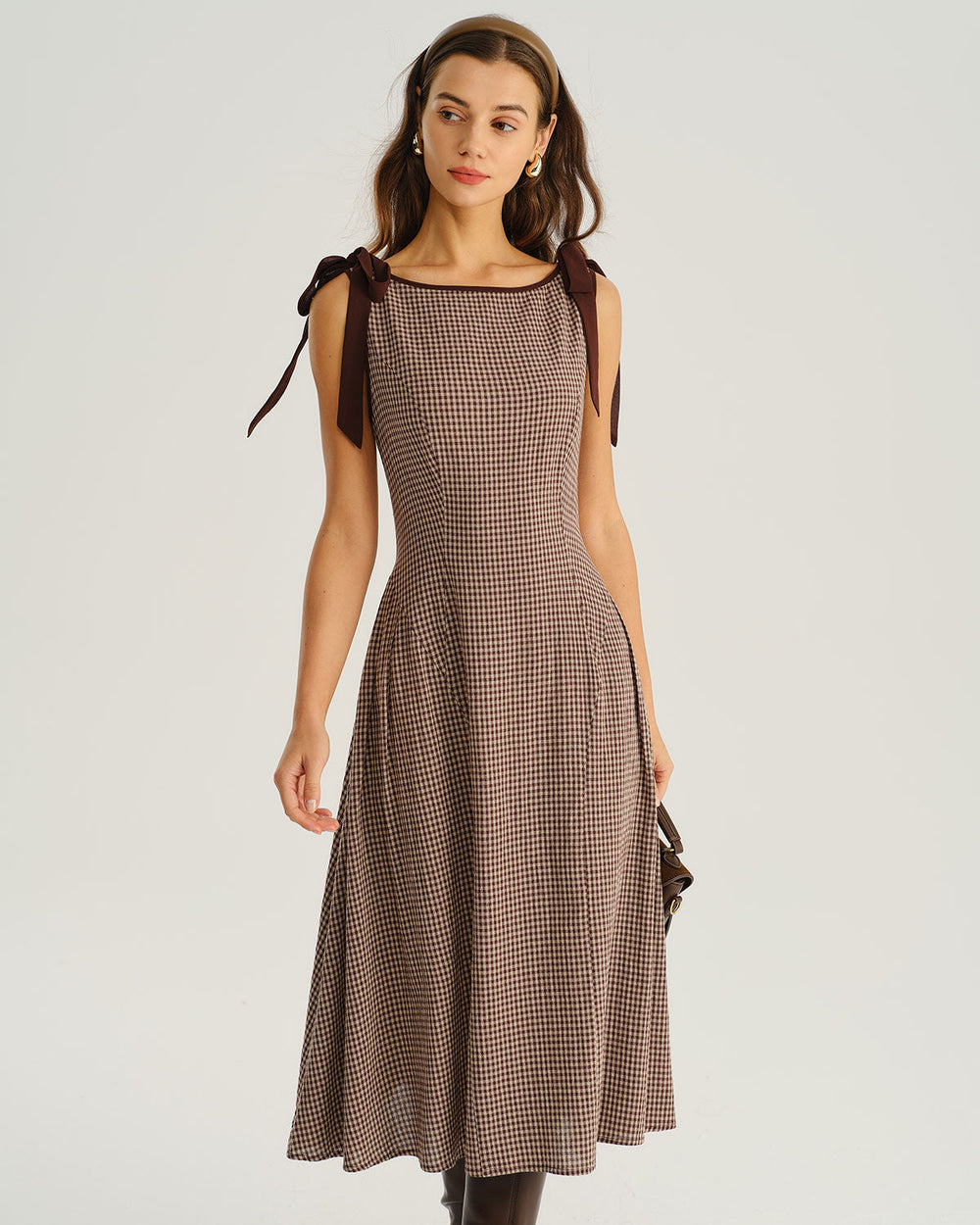 Brown Plaid Boat Neck A-Line Midi Dress | Rihoas