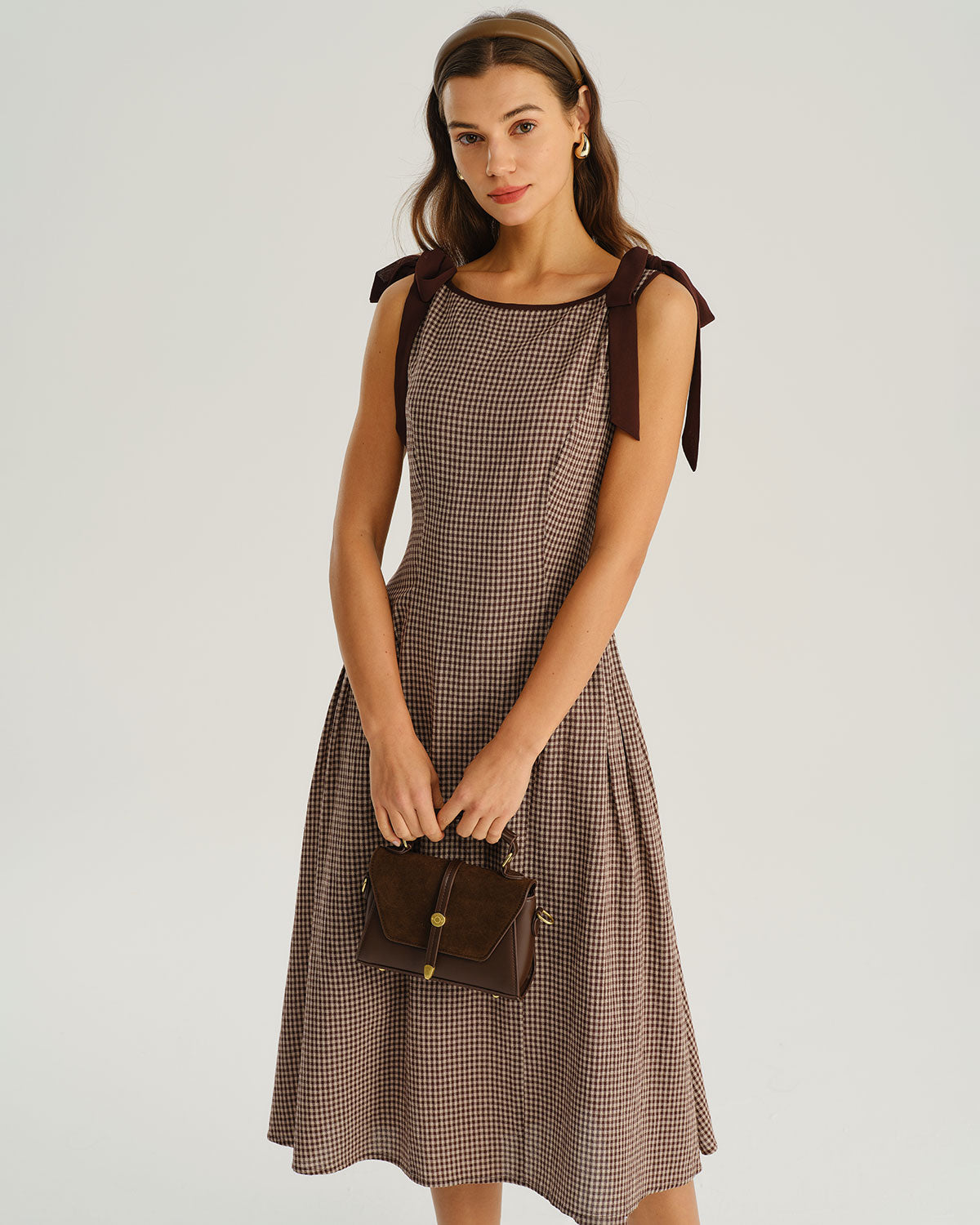 Brown Plaid Boat Neck A-Line Midi Dress | Rihoas