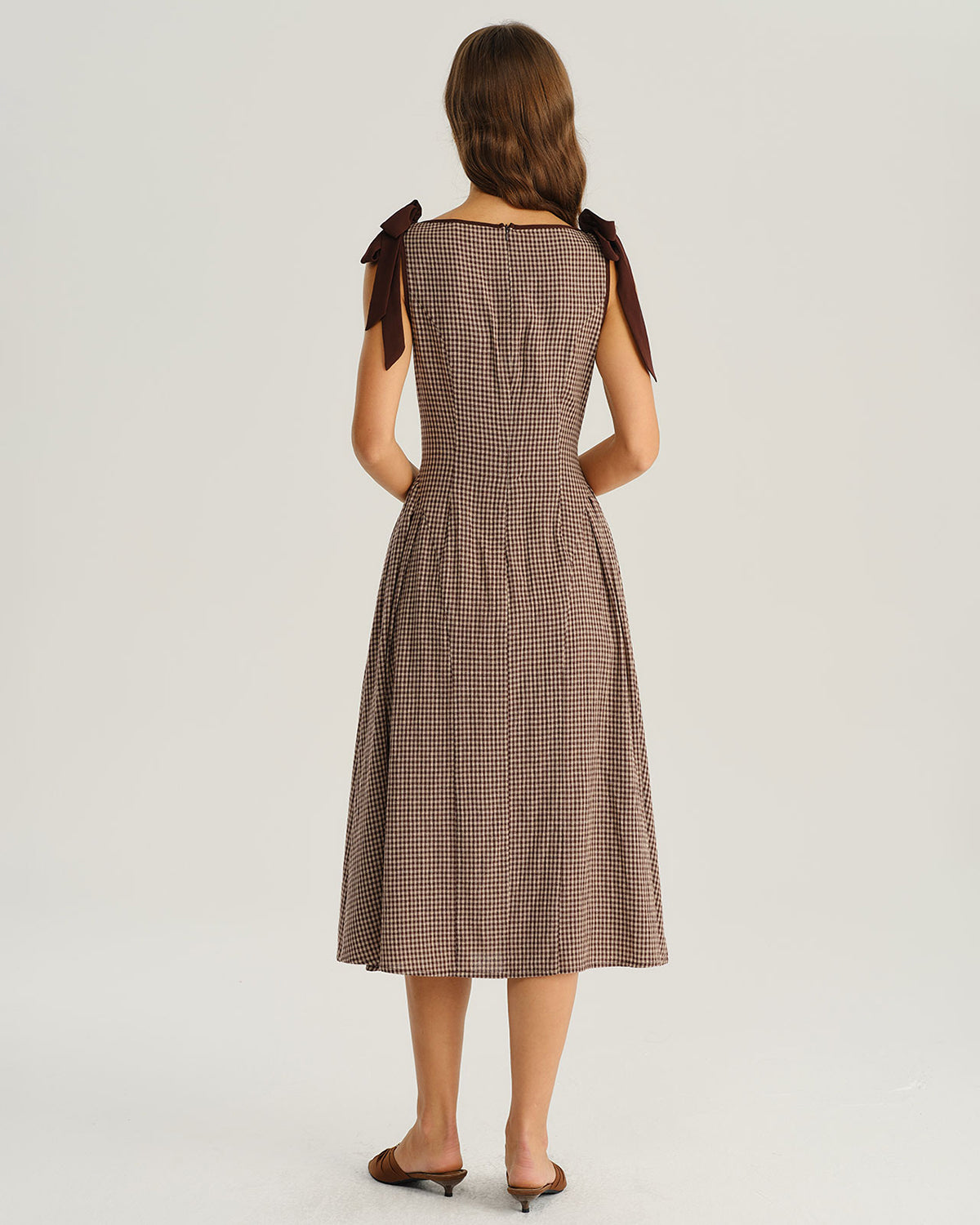 Brown Plaid Boat Neck A-Line Midi Dress | Rihoas