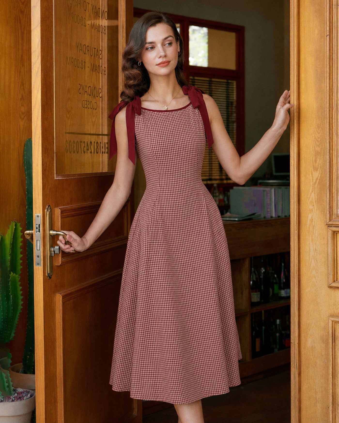 Red Gingham Tie Strap A-Line Midi Dress | Rihoas