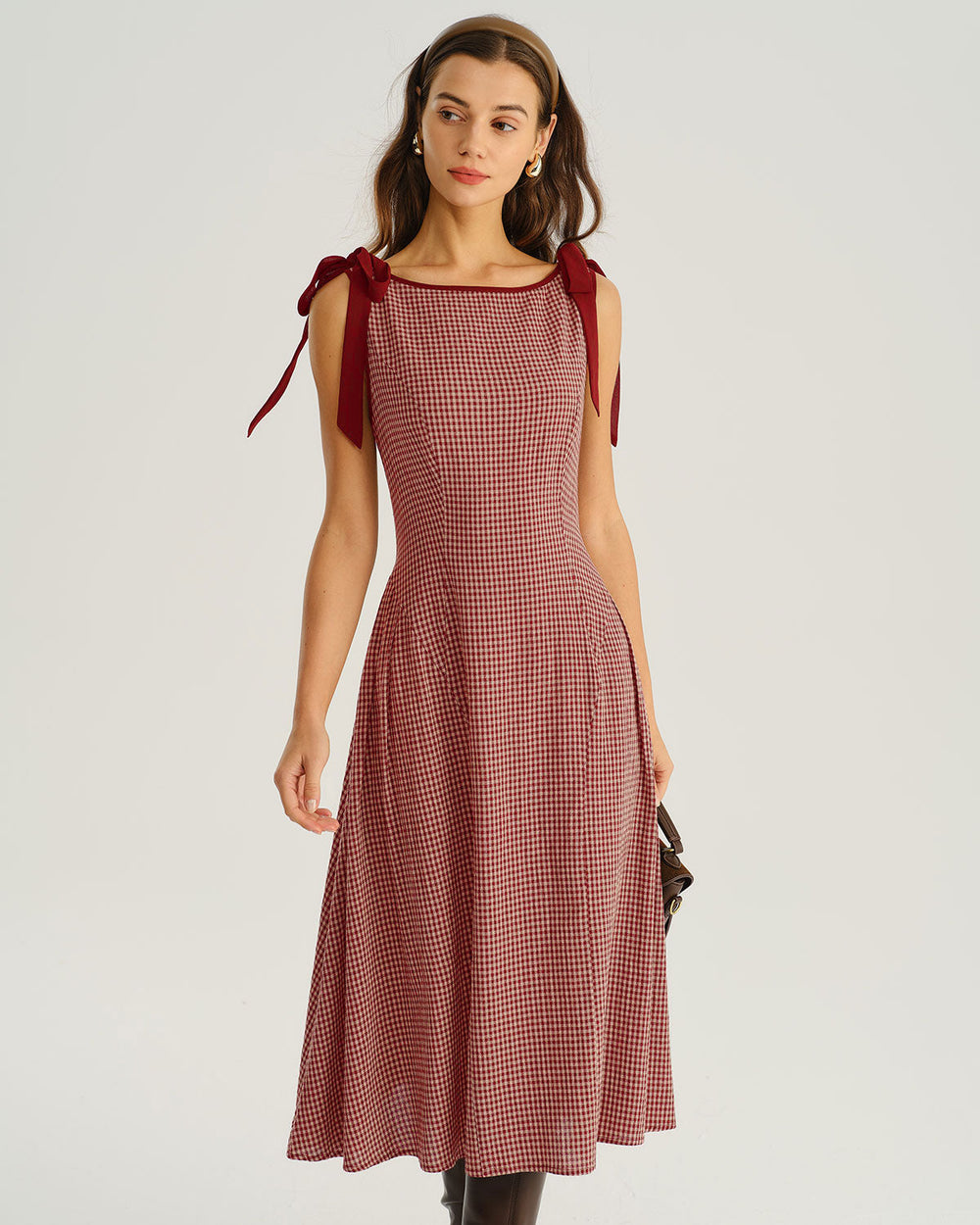 Red Gingham Tie Strap A-Line Midi Dress | Rihoas