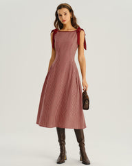 Red Gingham Tie Strap A-Line Midi Dress | Rihoas