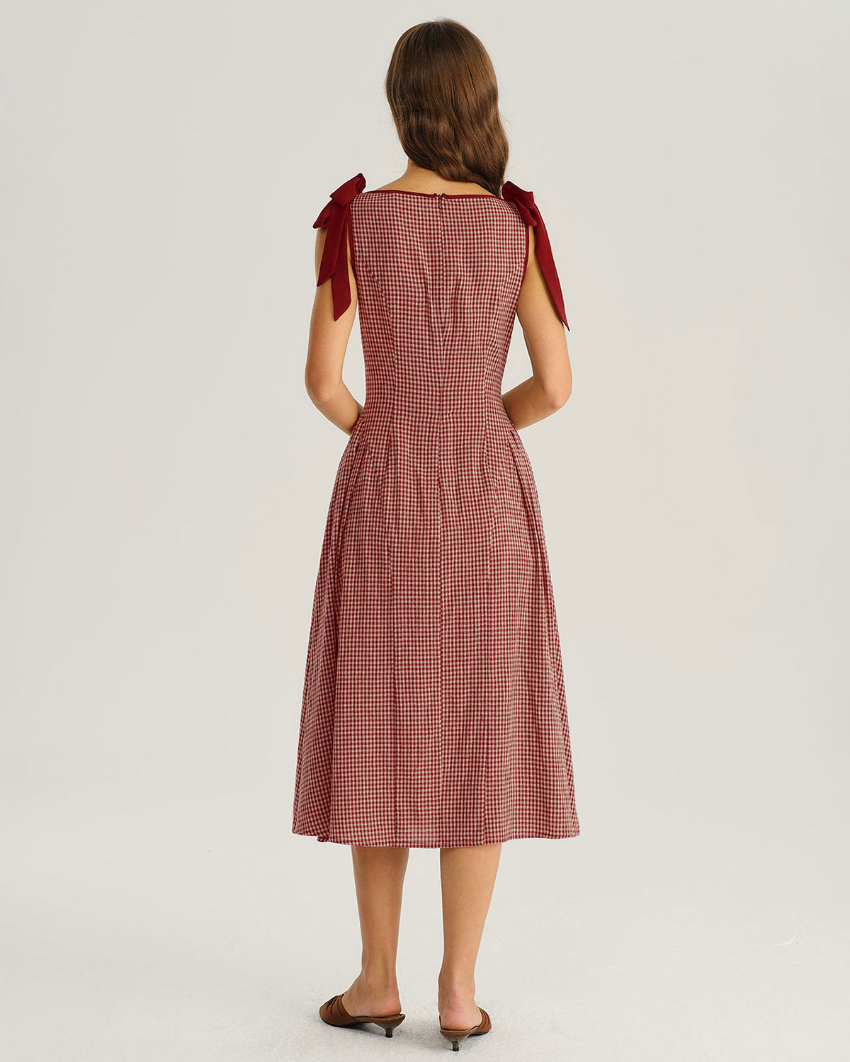 Red Gingham Tie Strap A-Line Midi Dress | Rihoas