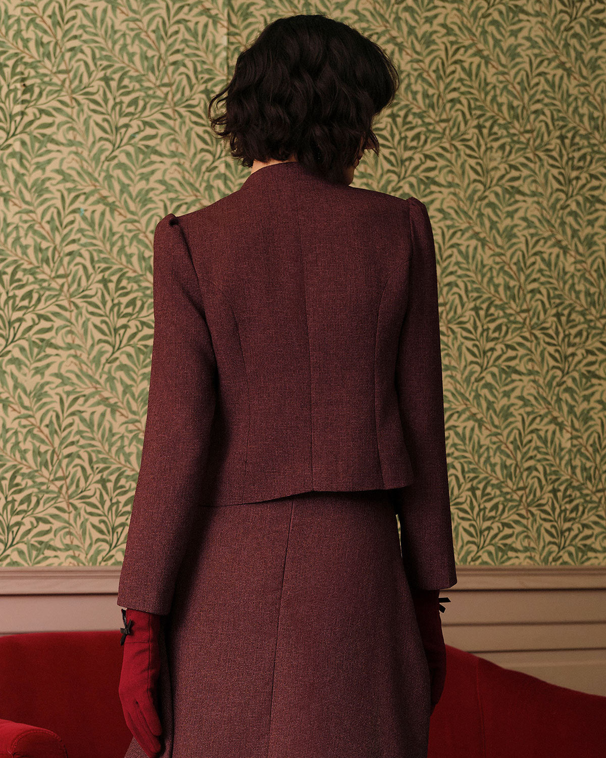 Burgundy Retro Single-breasted Tweed Jacket | Rihoas
