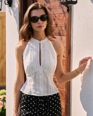 White Mandarin Collar Embroidery Tank Top | Rihoas