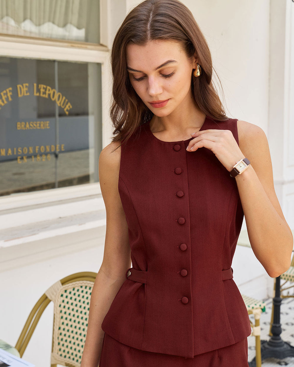 Wine Red Button Belted Vest | Rihoas