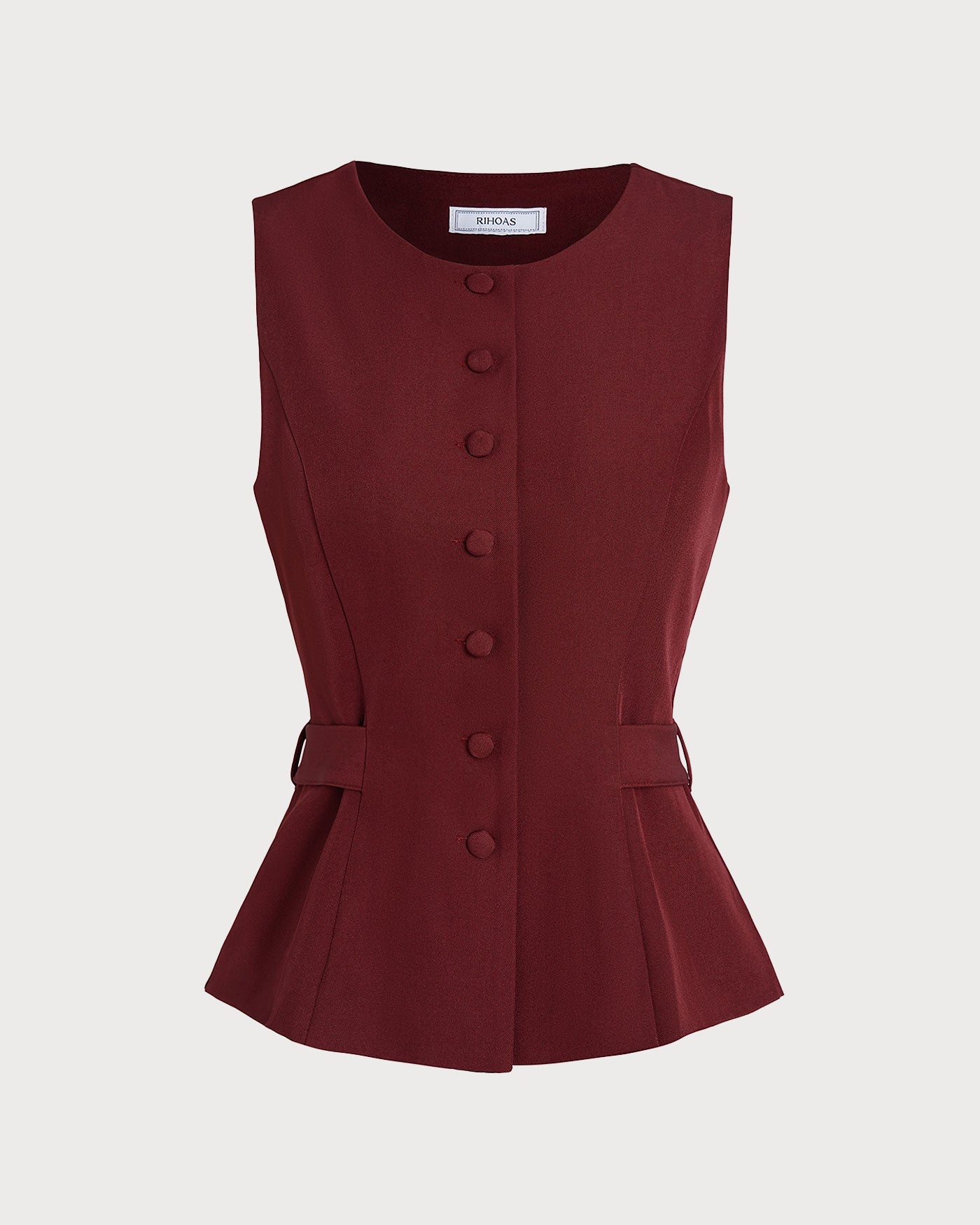 Wine Red Button Belted Vest | Rihoas