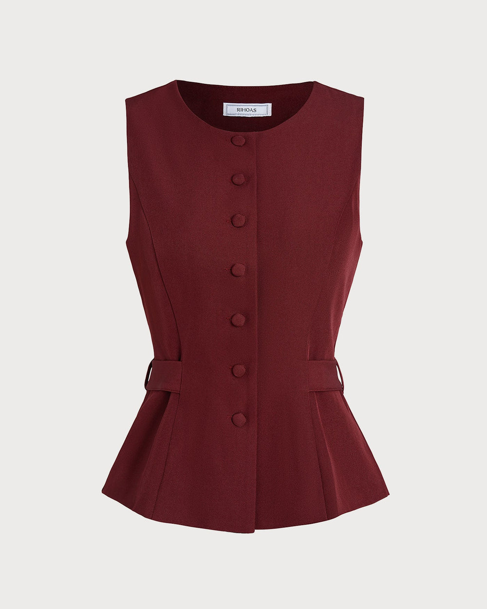 Wine Red Button Belted Vest | Rihoas