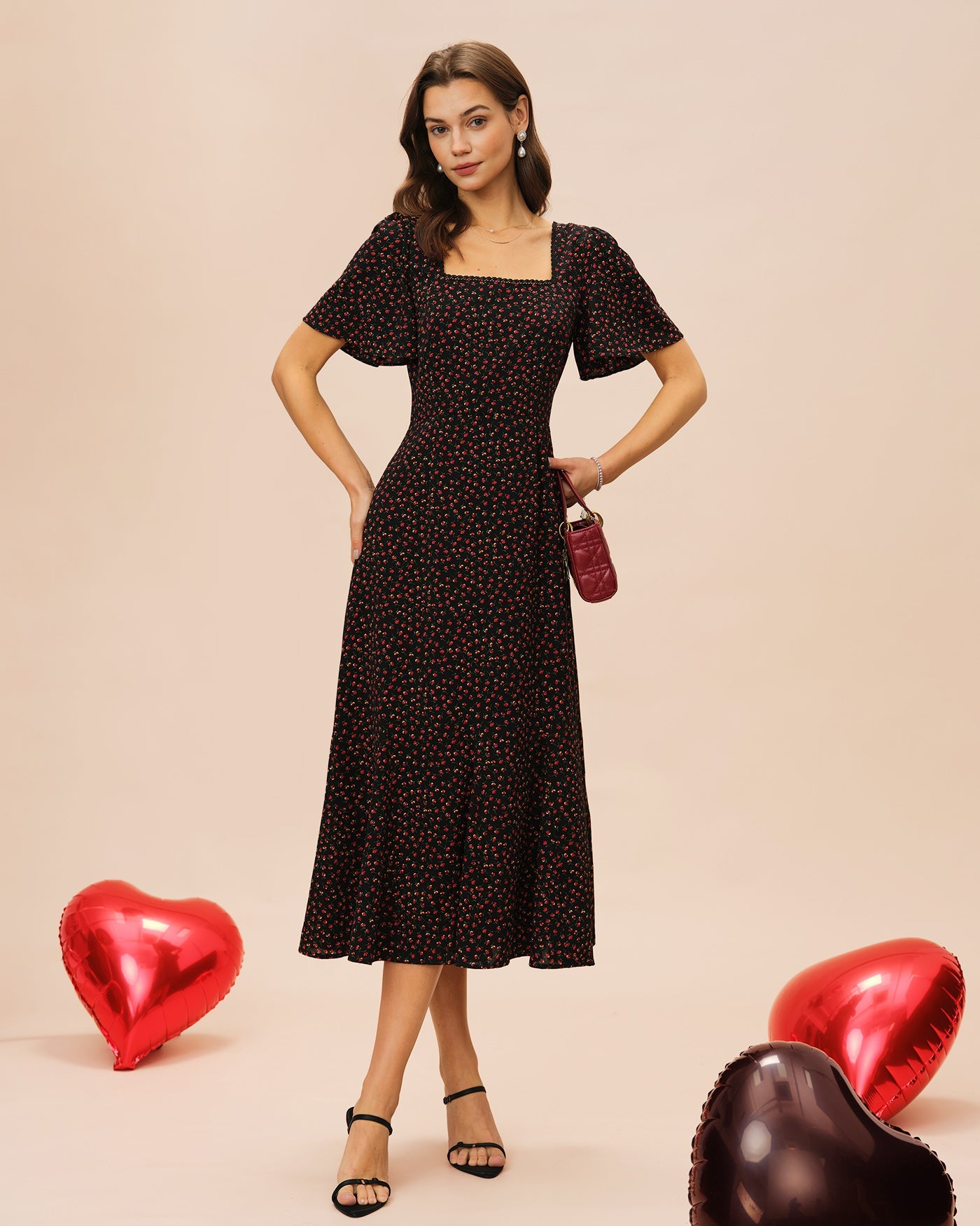 Black Square Neck Butterfly Sleeve Floral Midi Dress | Rihoas