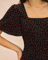 Black Square Neck Butterfly Sleeve Floral Midi Dress | Rihoas