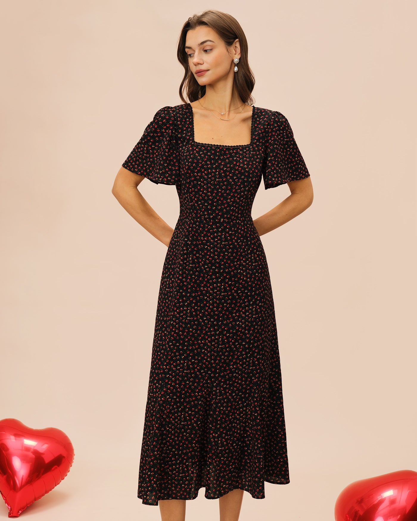 Black Square Neck Butterfly Sleeve Floral Midi Dress | Rihoas