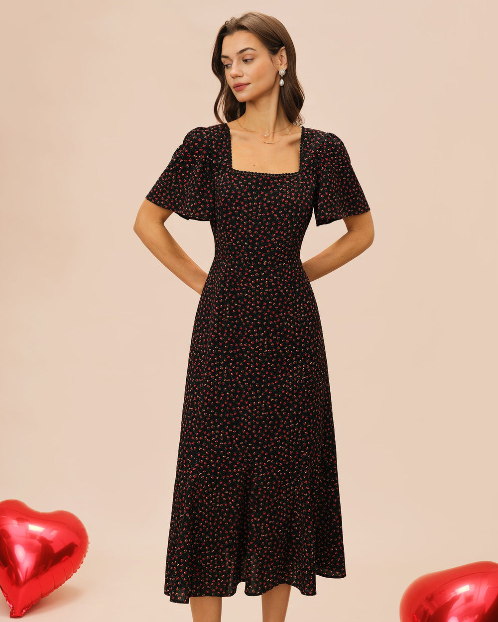 Black Square Neck Butterfly Sleeve Floral Midi Dress | Rihoas