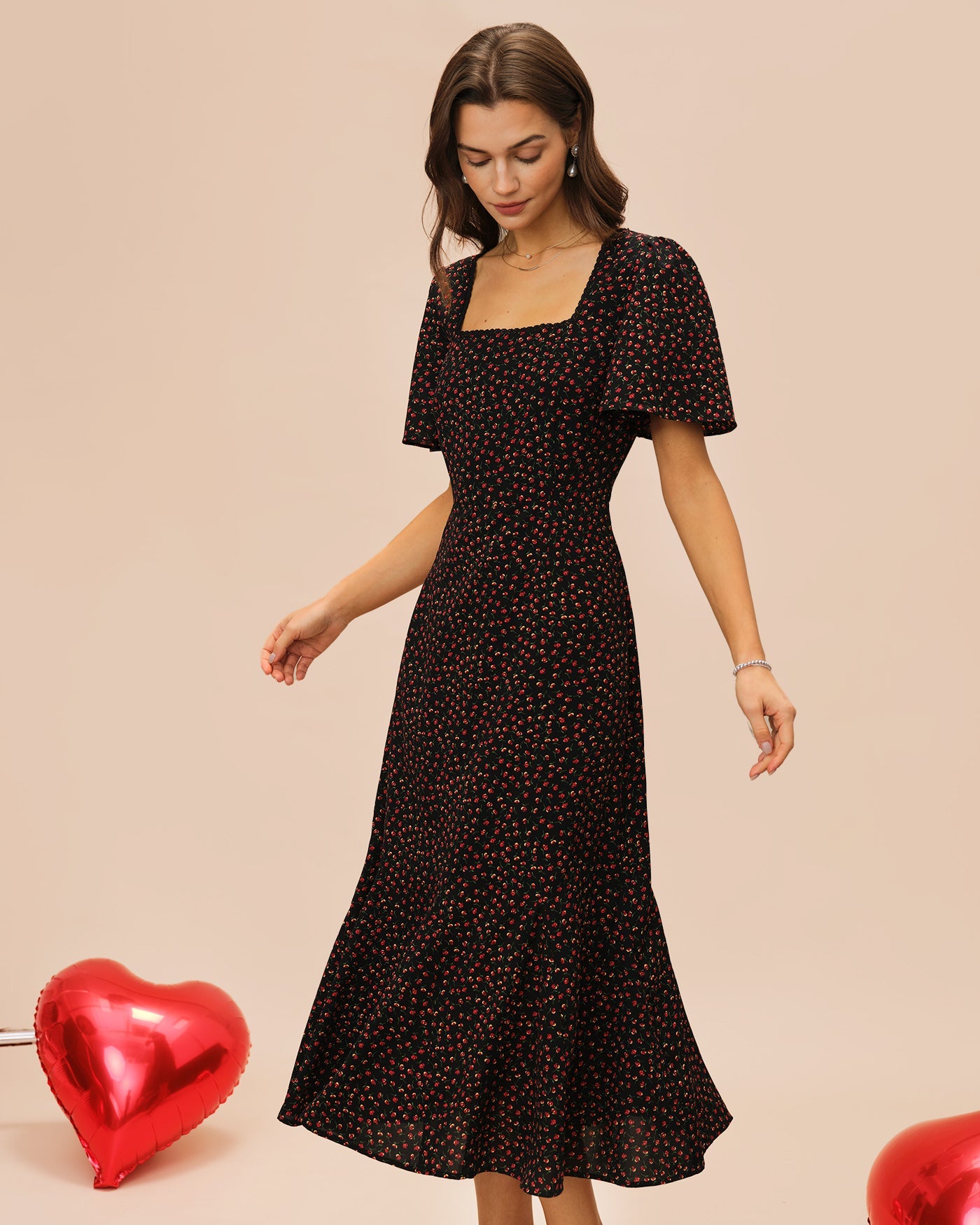 Black Square Neck Butterfly Sleeve Floral Midi Dress | Rihoas