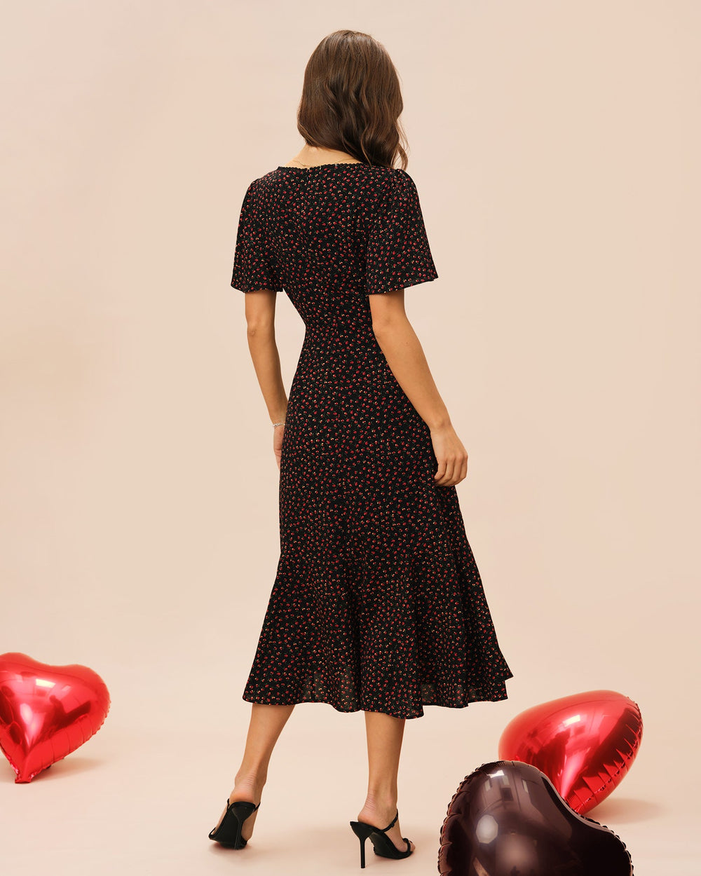 Black Square Neck Butterfly Sleeve Floral Midi Dress | Rihoas