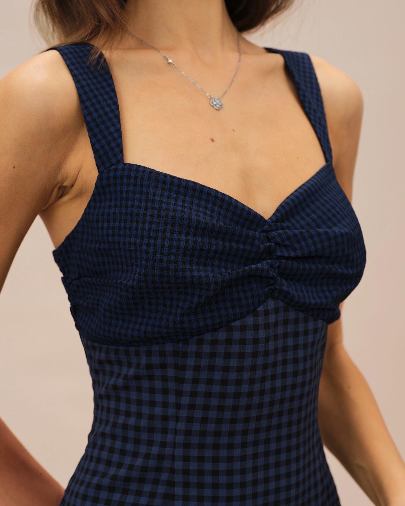Blue Sweetheart Neck Plaid Mini Dress | Rihoas