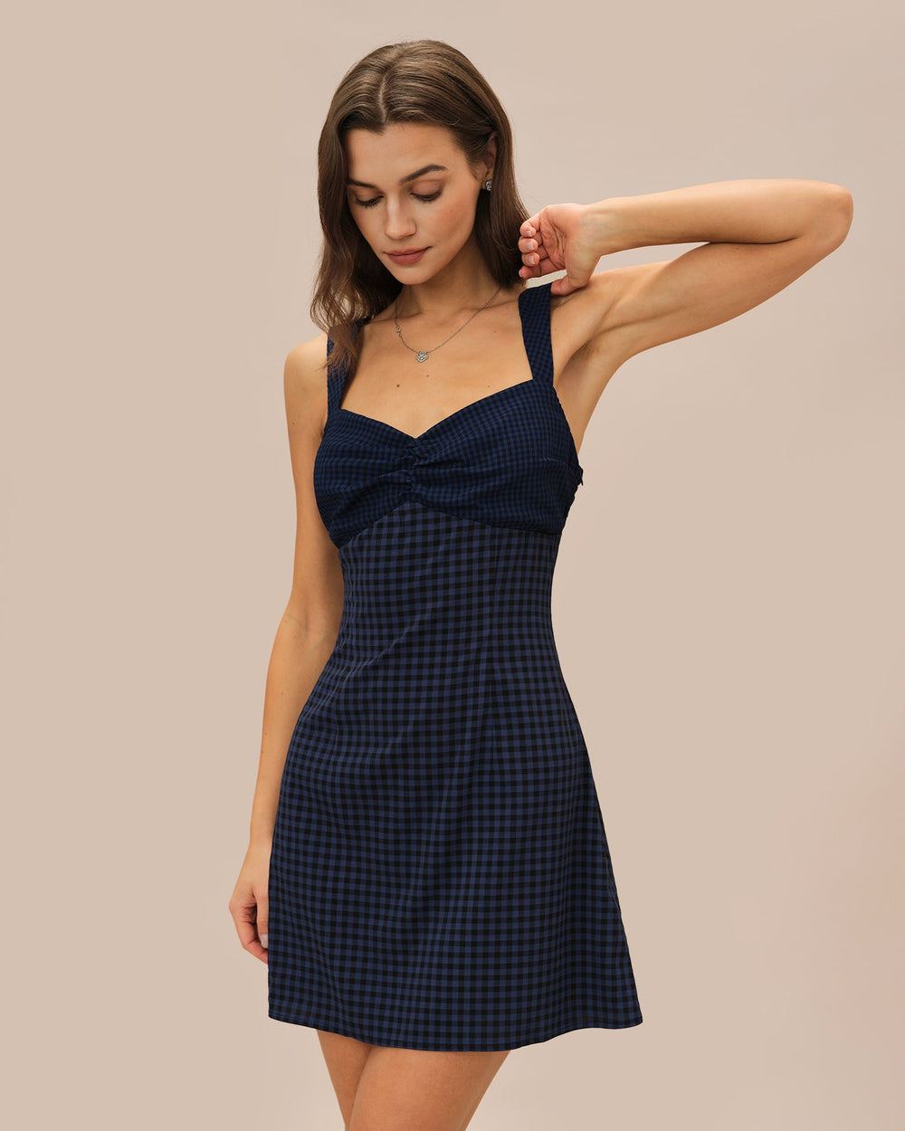 Blue Sweetheart Neck Plaid Mini Dress | Rihoas