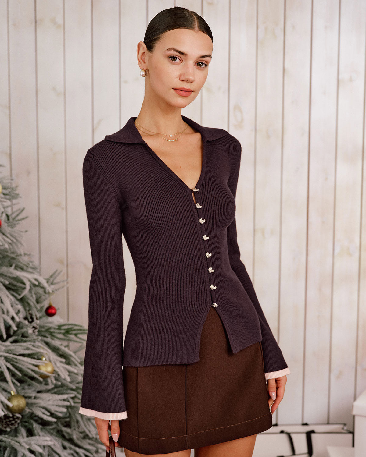 Purple Contrasting Bell Sleeve Knit Cardigan | Rihoas