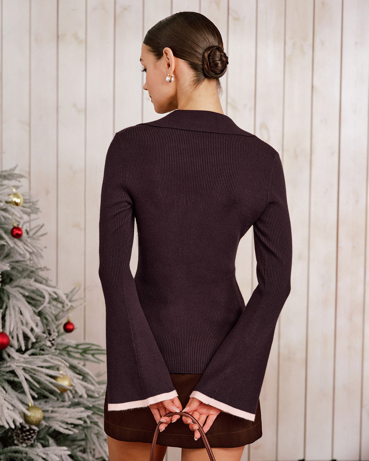 Purple Contrasting Bell Sleeve Knit Cardigan | Rihoas