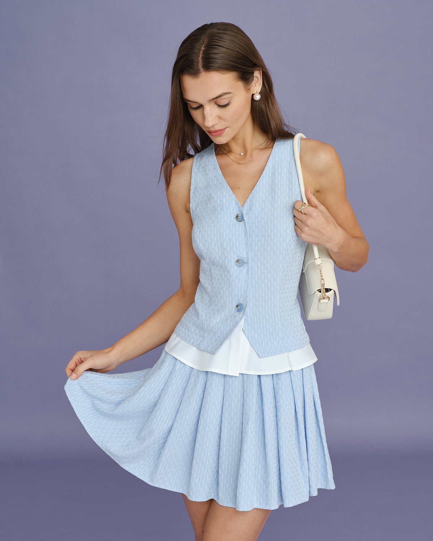 Blue Textured Pleated Mini Skirt | Rihoas
