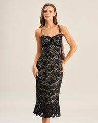 Black Lace Mermaid Slip Midi Dress | Rihoas