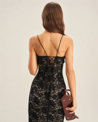 Black Lace Mermaid Slip Midi Dress | Rihoas
