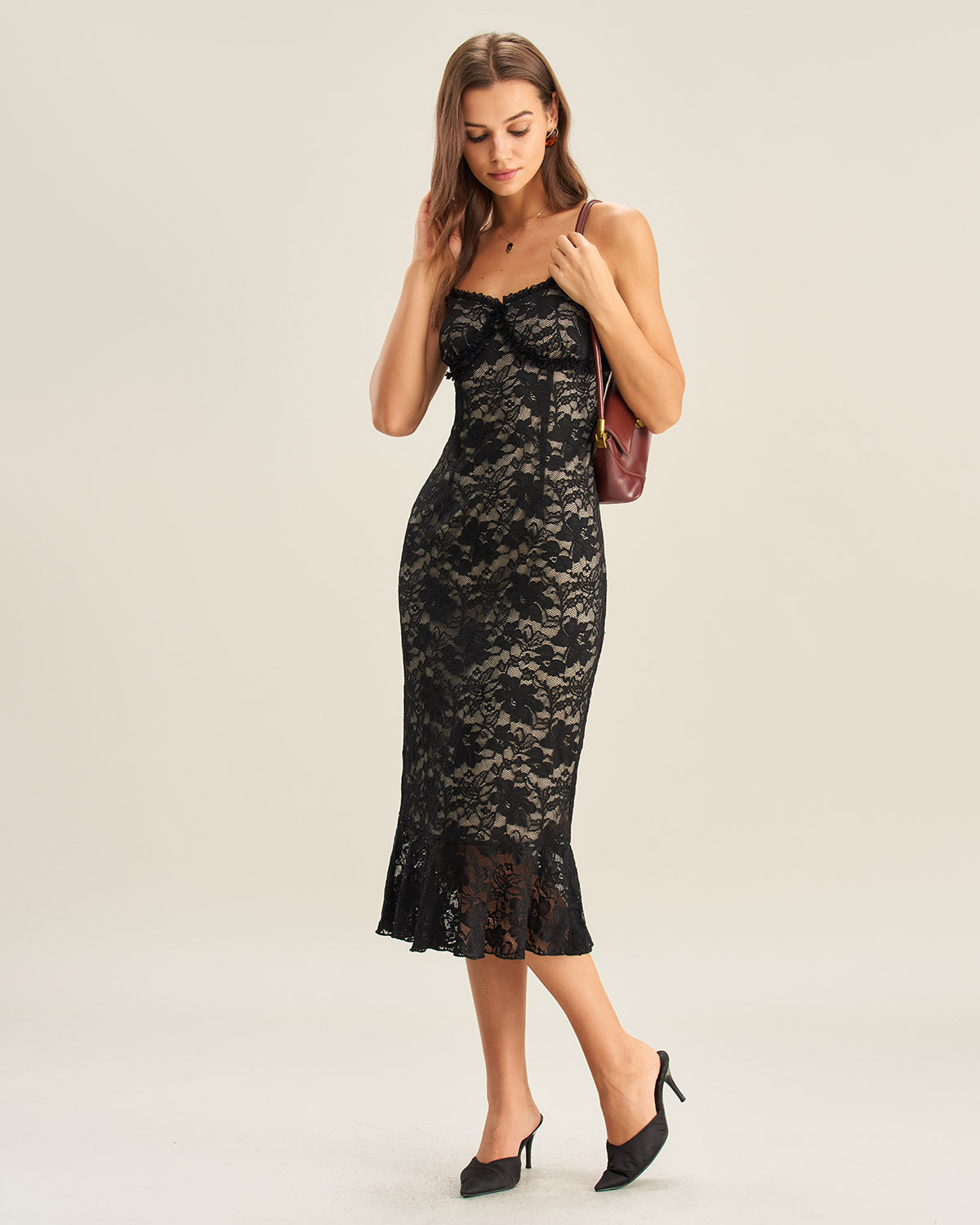Black Lace Mermaid Slip Midi Dress | Rihoas