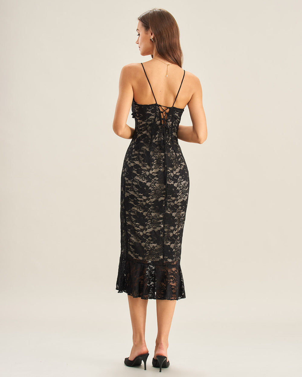 Black Lace Mermaid Slip Midi Dress | Rihoas