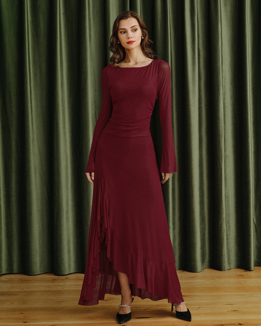 Red Boat Neck Maxi Dress | Rihoas